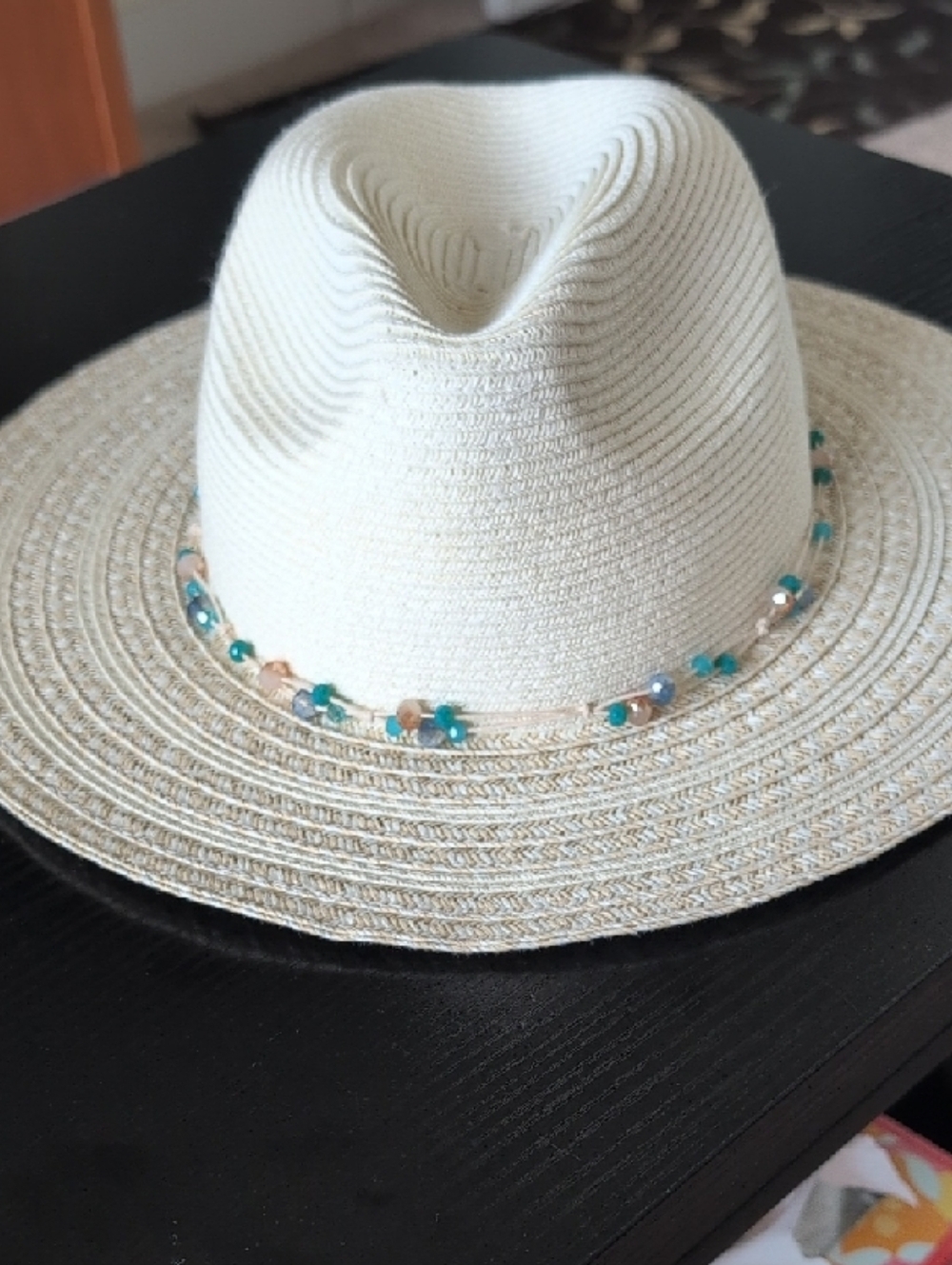Sun & Sand SPF 50 Wide Brim Straw Sun Hat with Turquoise Bead Trim In Cream